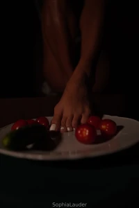 Pov i press a single tomato beneath my heel it bursts warm juice