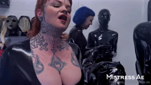 Rubber sissy doll gangbanged by many dressed head-to-toe in tight