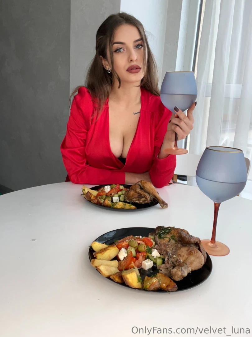 I m wondering what looks more delicious the meal on the table or me 