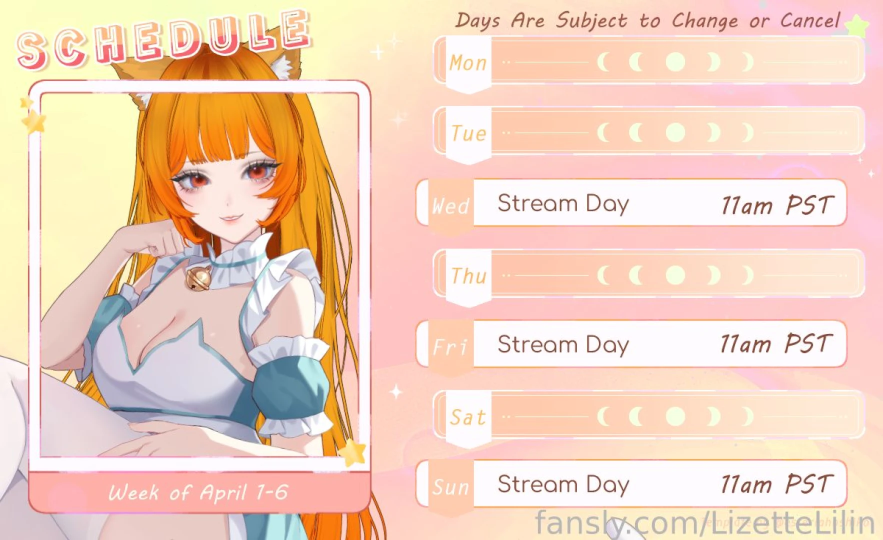 Same schedule as last week i ve been super busy with school lately so 