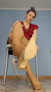 Short suntant sheer pantyhose nylons and strappy beige high heels