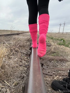 Walking the railroad tracks in my pink socks