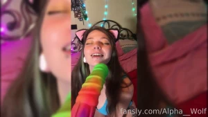 Cute neko alt girl and huge rainbow unicorn dildo with cum shot
