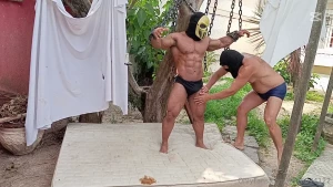 Muscle worship chained to the tree