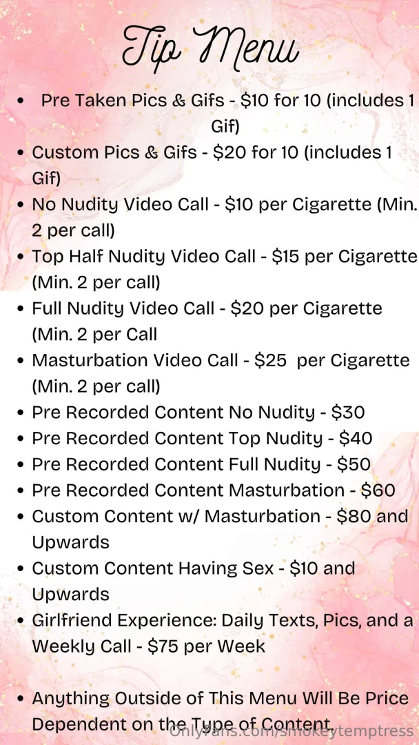 Here is my current menu for custom content please let me know if you 