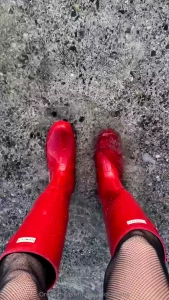 I love my red hunter boots so shiny and sexy i had a nice walk the