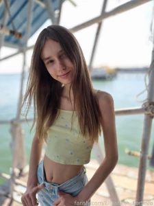 Come with me teen brunette skinny tiny 18 denim sea happy outside