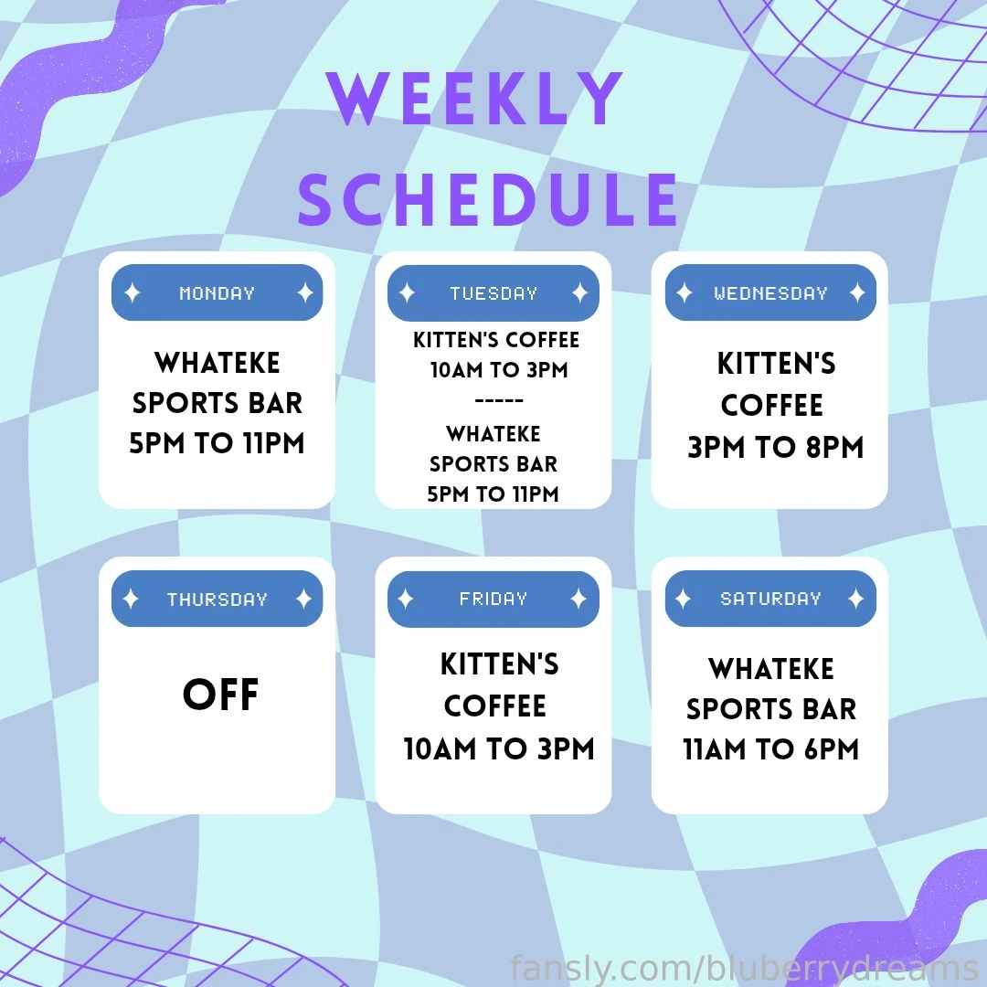 Monday 6 2 whateke sports bar 5pm to 11pm tuesday 6 3 kitten s coffee 