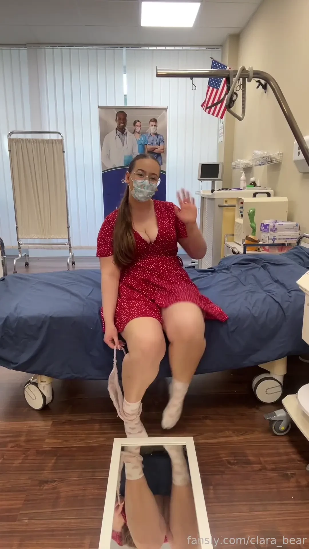 Hiii now say it back brunette hospital patient gown nurse mask 