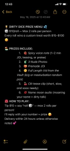 Dirty dice is back baby 10 roll max 2 every roll a prize worth 15 100
