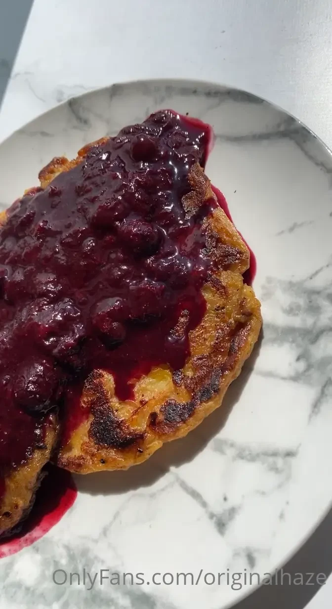 Crushed a delicious plantain pancake topped w blueberry cherry compote 