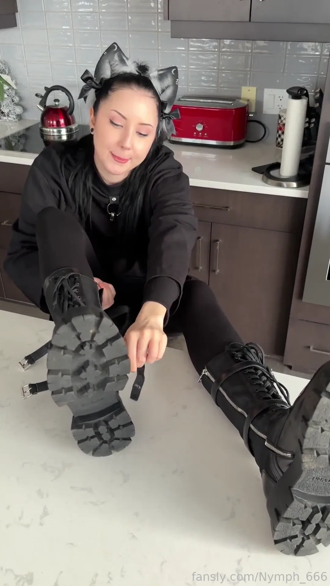 Goth e-girl removes her combat boots from her sweaty nylon clad size 