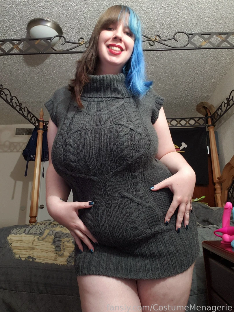 Sweaterdress tightdress cozy piercednipples chubby 