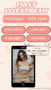 Hey i m going live this thursday 12th june at 11pm gmt 1 or 6pm edt i