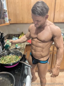 Good morning just making breakfast in my jockstrap