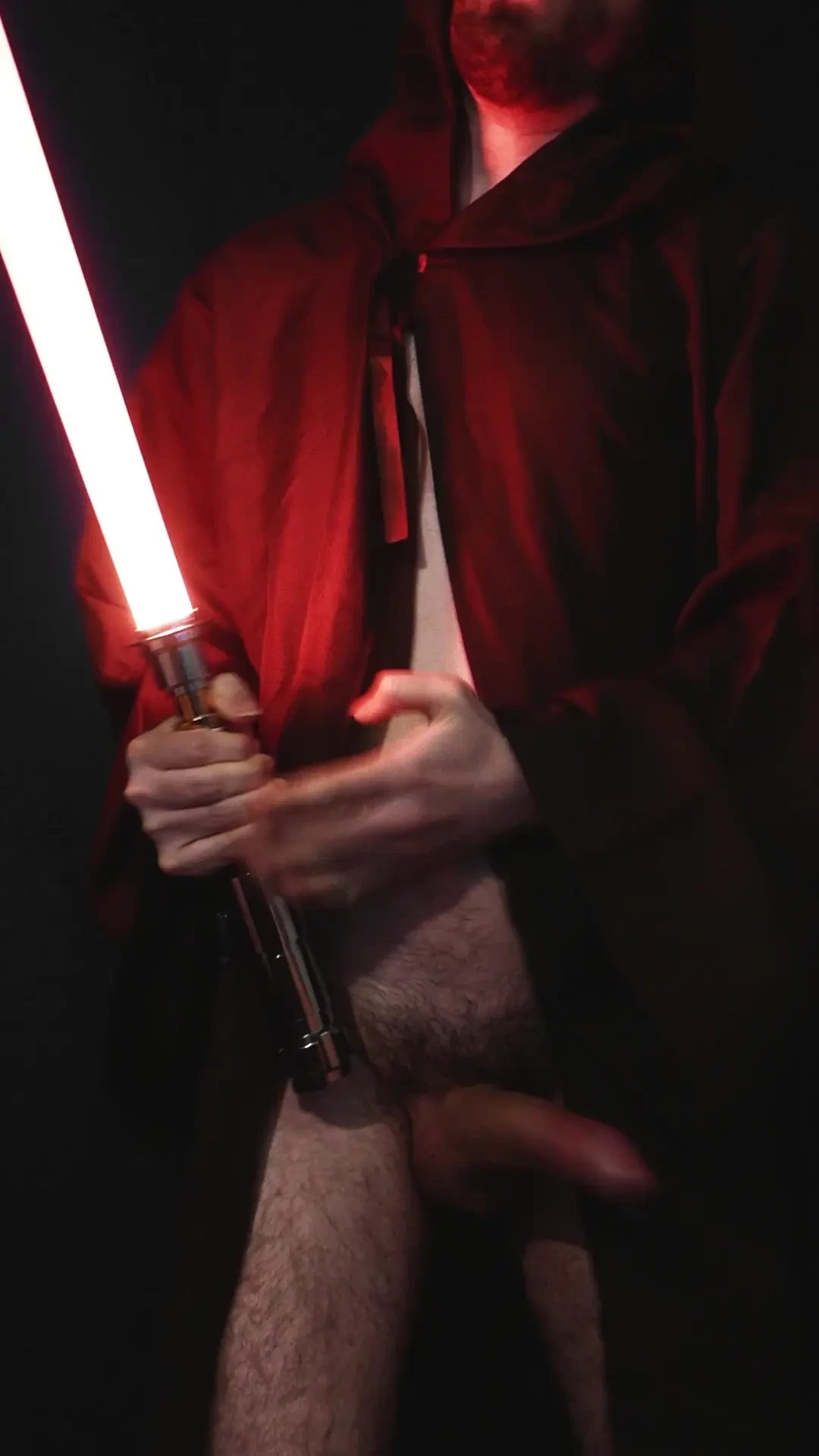 Here it is showing off the new light saber when a mysterious force 