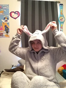 At home in a bunny onesie