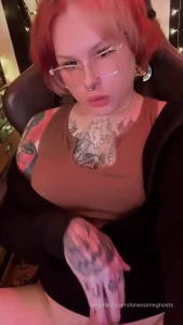 Busy girl takes break to jack her monster cock