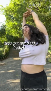 I like to stretch in the park without a bra on nobra tshirt stretching