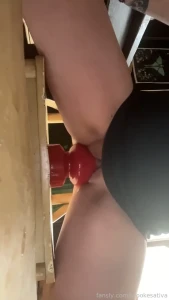 First ride of the day on my huge red cone made my pussy drip gaped