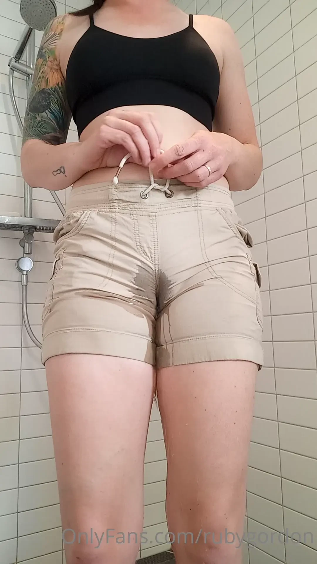 Wetting myself in my work shorts and giving myself a taste 