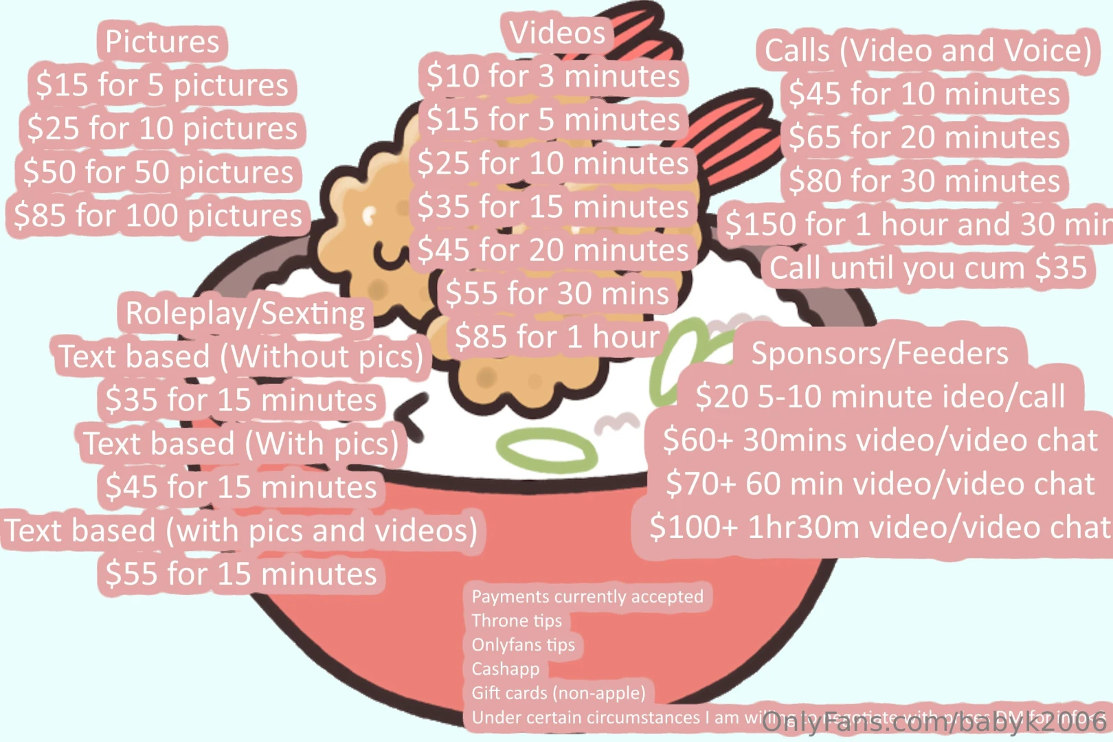 Updated menu prices dm on here or reddit sillysaltt to request customs 