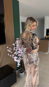 Inked women in elegant dresses smash or pass