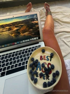 Cozy with my laptop and berries so chill your night routine