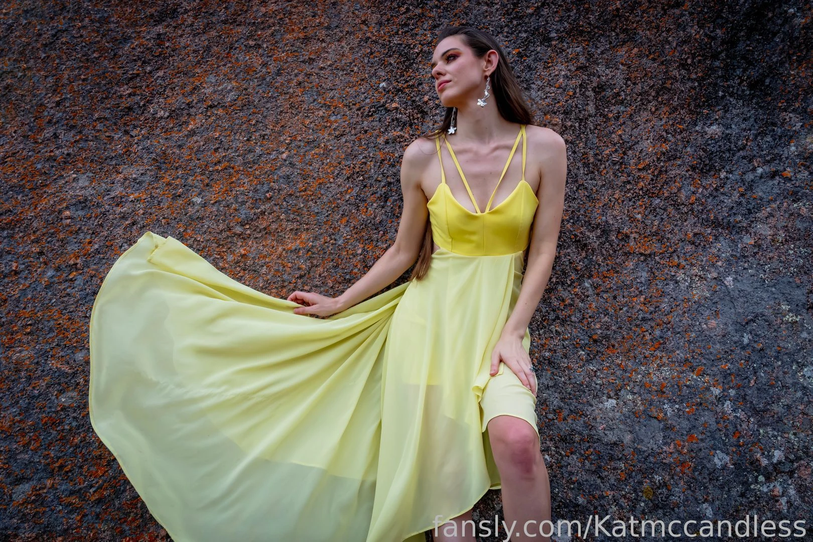 Stripping off a yellow dress outdoornude nudemodel brunette pale 