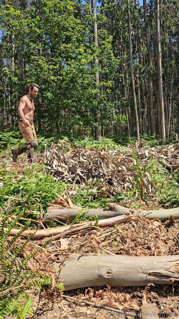 Your sexiest lumberjack at work cutting branches and tossing them away part 1 
