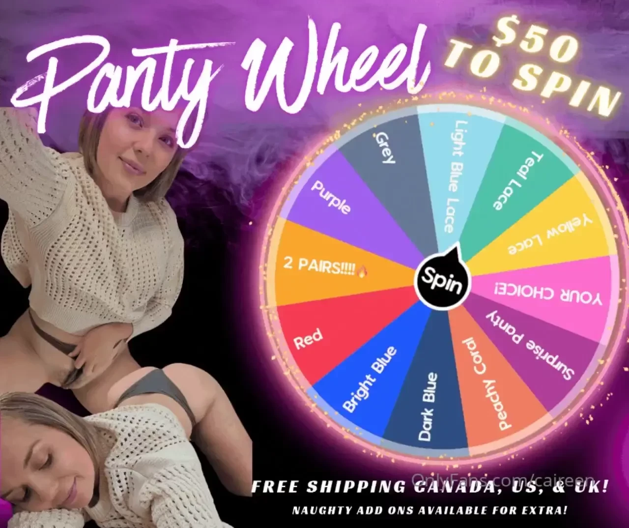 Win my panties spin now for only 50 add on available like naughty cum 