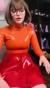 Latex velma drinking and pouring a bowl of cum all over my face and my
