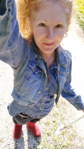 Going walking in my red leather boots wool lined and my jean on jean