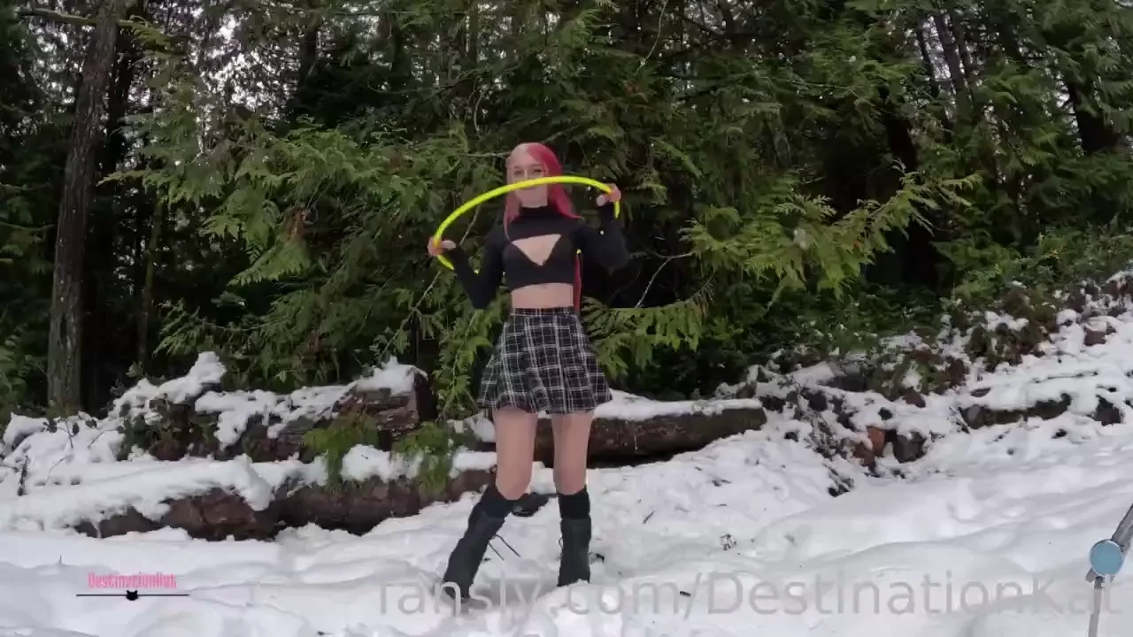 Hula hooping and flashing outside in the snow dancing flashing outdoor 