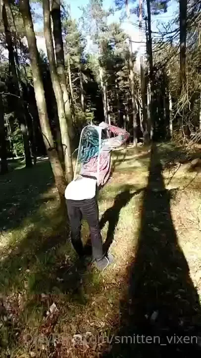 Ripping off my stretched out panties after hanging from a tree in them 