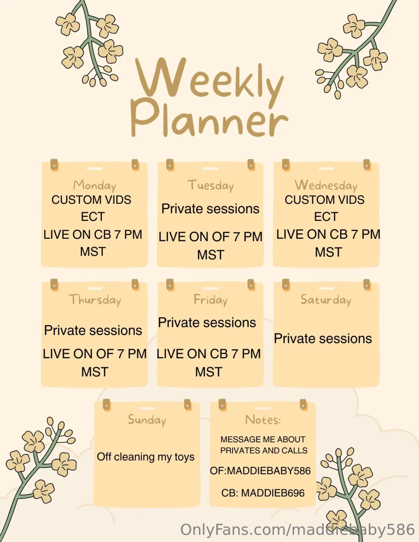 This week s schedule please message me about privates to get them 