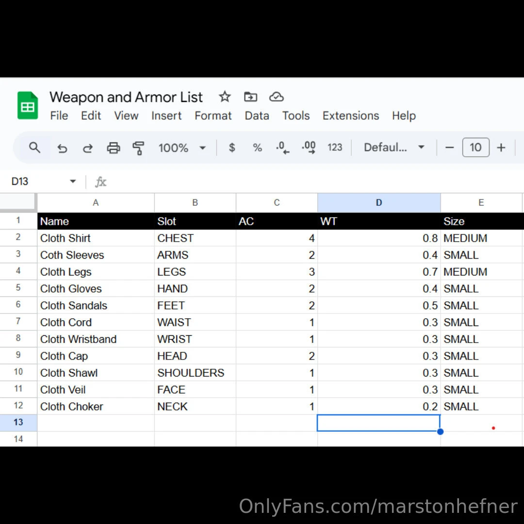 I am creating the armor weapon list for my book tales of ren humans 