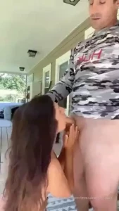 I blow you on my porch you finger me then stick that cock in doggie