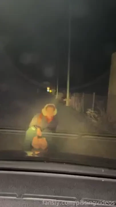 Taking turns to pee in front of the car nearby to the service station 