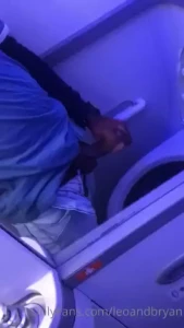 Leo cumming in the plane bathroom