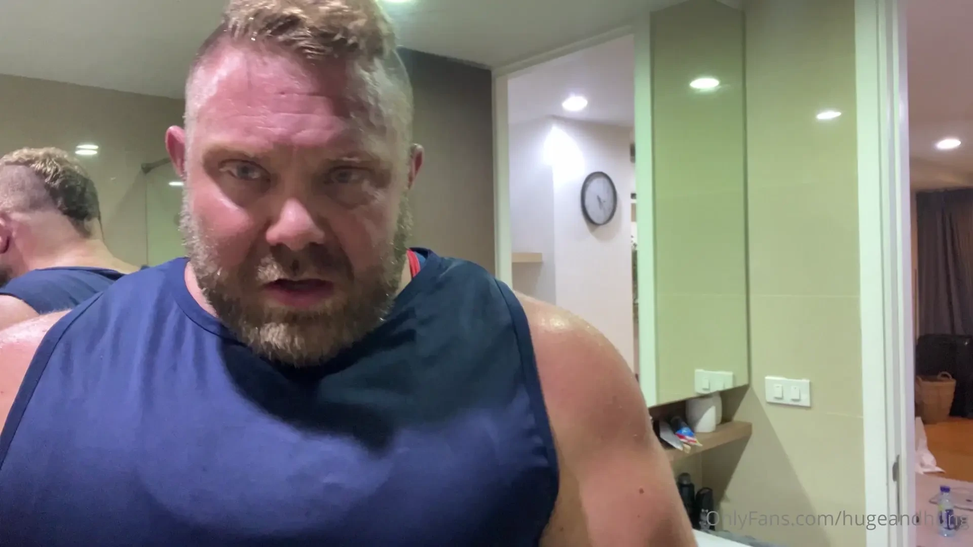 Mirror flex in a wrestling singlet 360lbs of sweaty muscle fresh out 