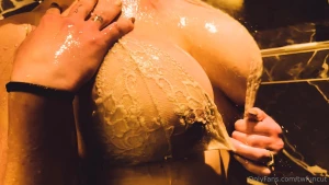 Spicy showering with chelsea soaking wet white lace top revealing