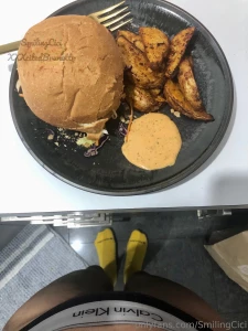 Good morning i m having a burger and fries for breakfast with my tea