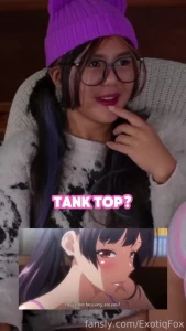 Her tank top is struggling to hold her humongous boobas i feel bad for