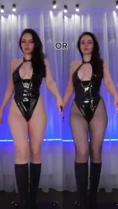 With fishnets or without latex bodysuit fishnets brunette thighs
