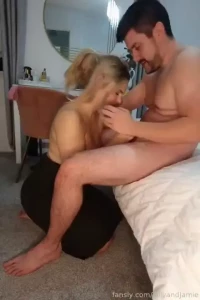 Giving jamie head until he finishes all over my tits