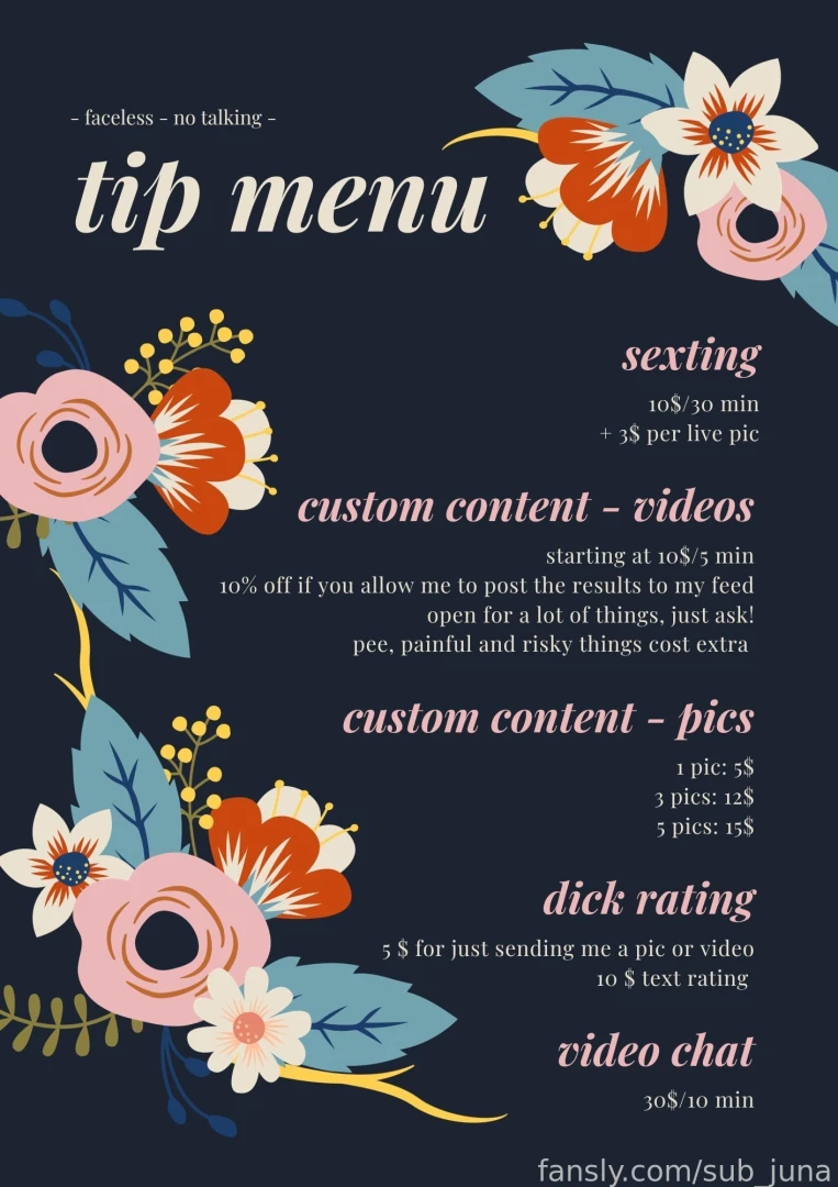 I decided to make a tip menu for you so you have an overview of what i 