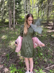 Fire breathing dragon petite brunette vaping nature dress slut
