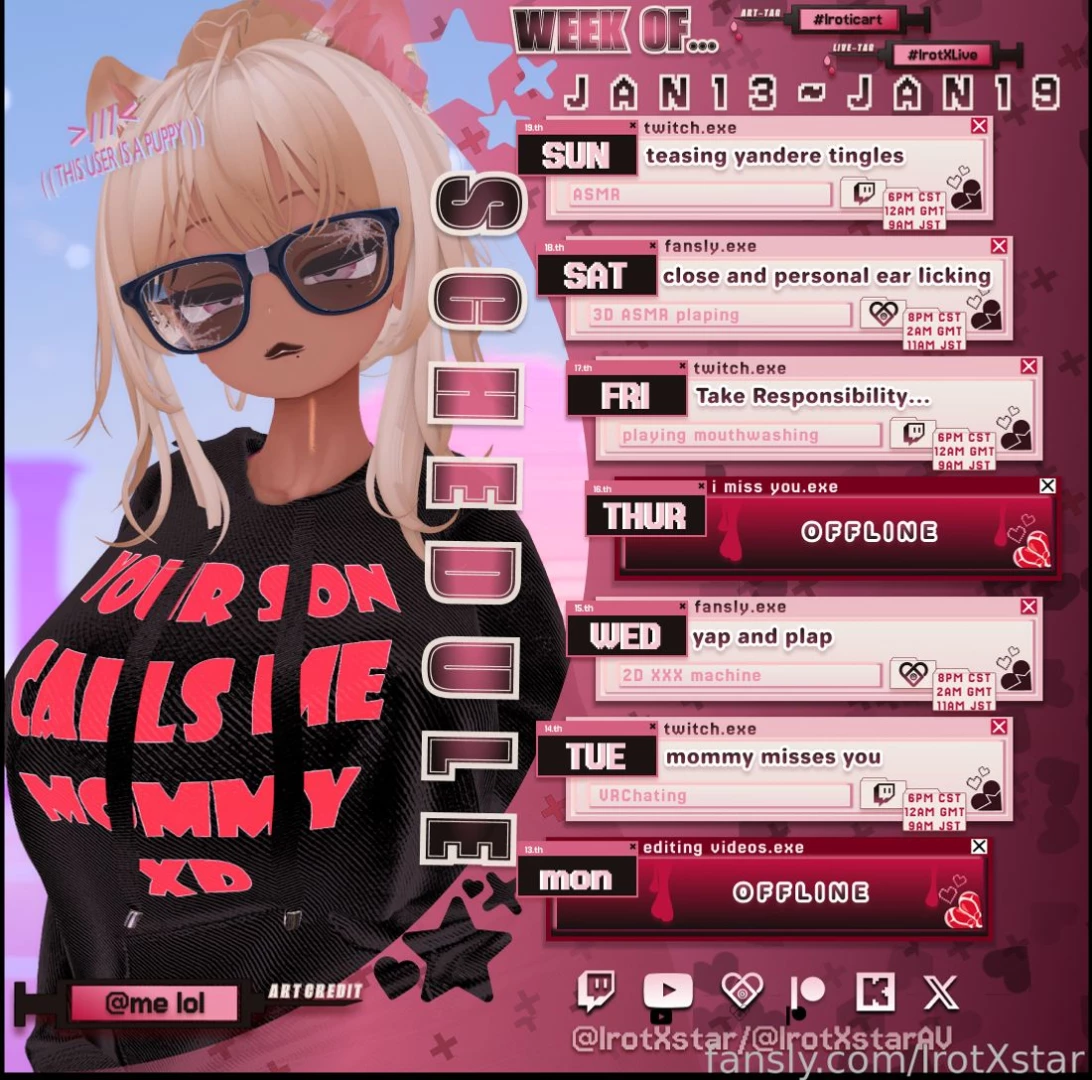 Let s try this again weekly stream schedule https twitch tv irotxstar 