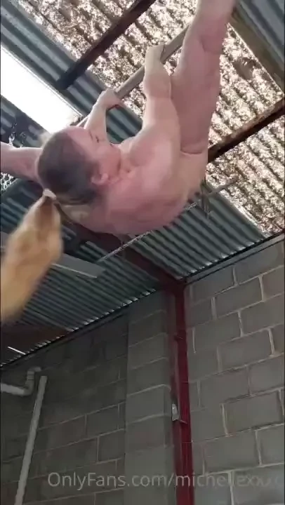 Nude acrobatics nude on my pull up bar invert upside down straddle 